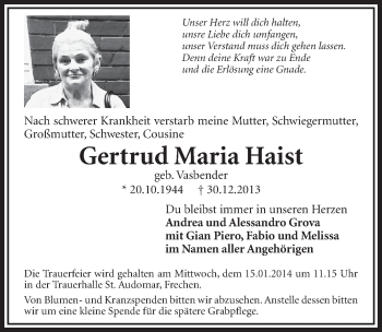 Anzeige von Gertrud Maria Haist von  Sonntags-Post 