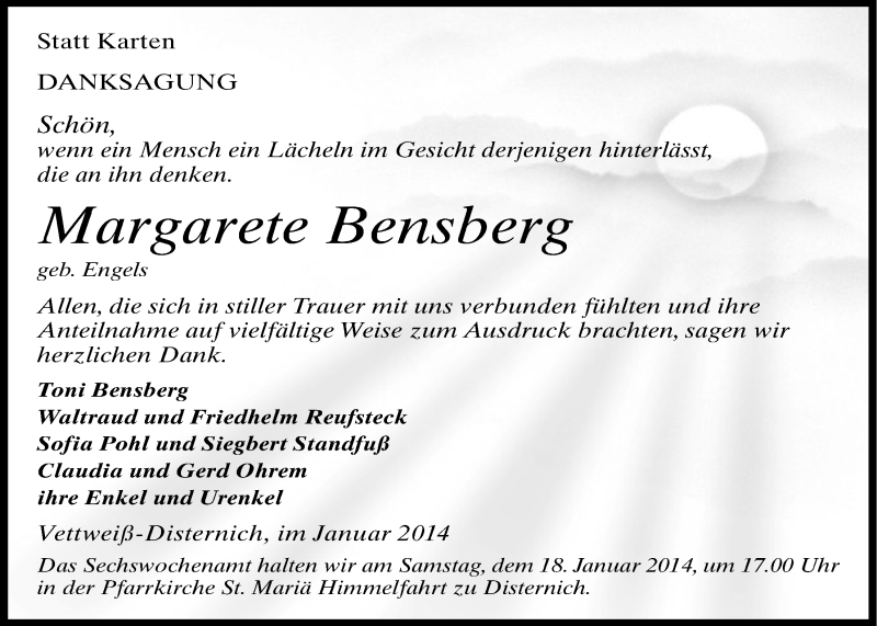  Traueranzeige für Margarete Bensberg vom 12.01.2014 aus  Blickpunkt Euskirchen 