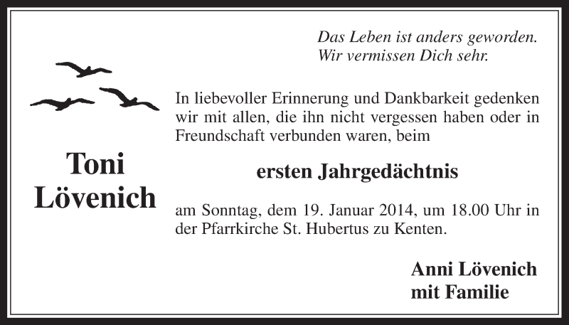  Traueranzeige für Toni Lövenich vom 15.01.2014 aus  Werbepost 