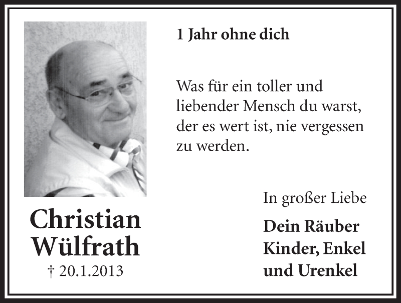  Traueranzeige für Christian Wülfrath vom 15.01.2014 aus  Schlossbote/Werbekurier 