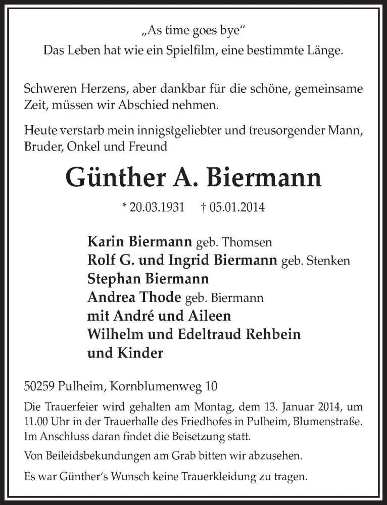  Traueranzeige für Günther Biermann vom 11.01.2014 aus  Sonntags-Post 