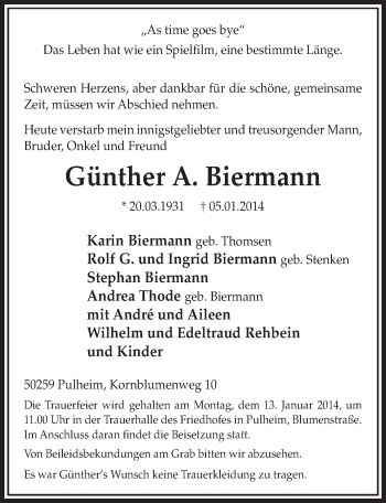 Anzeige von Günther Biermann von  Sonntags-Post 