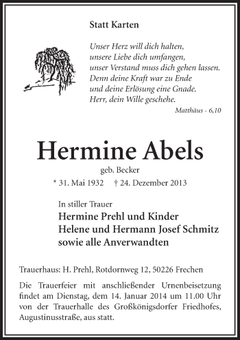 Anzeige von Hermine Abels von  Sonntags-Post 