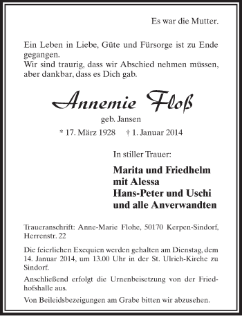 Anzeige von Annemie Floß von  Sonntags-Post 