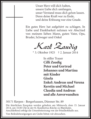 Anzeige von Karl Zaudig von  Sonntags-Post 