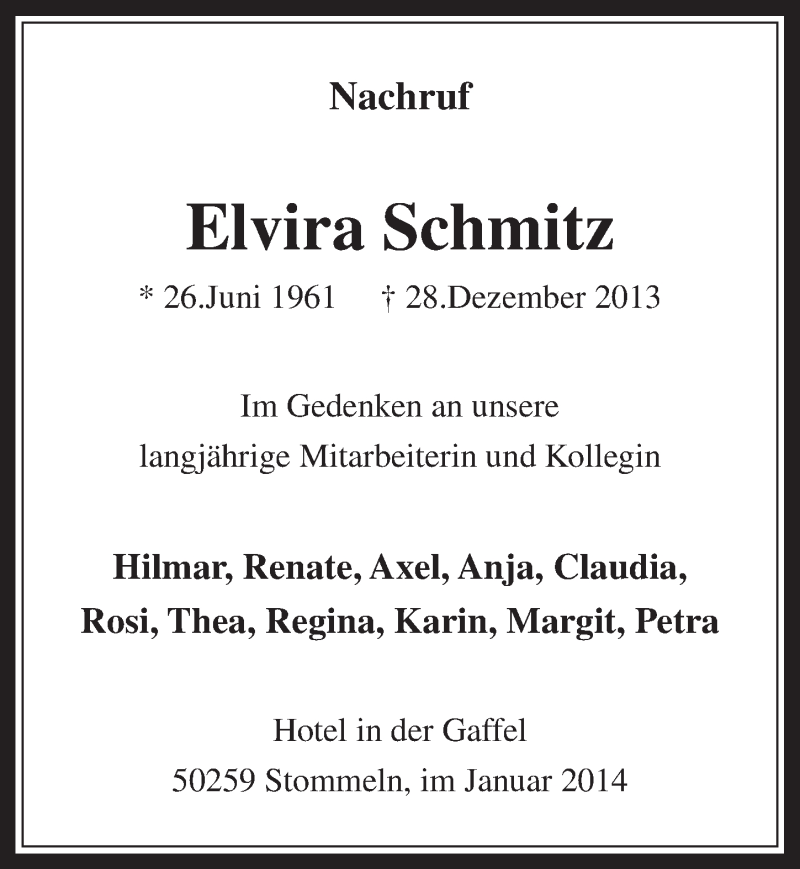  Traueranzeige für Elvira Schmitz vom 15.01.2014 aus  Wochenende 