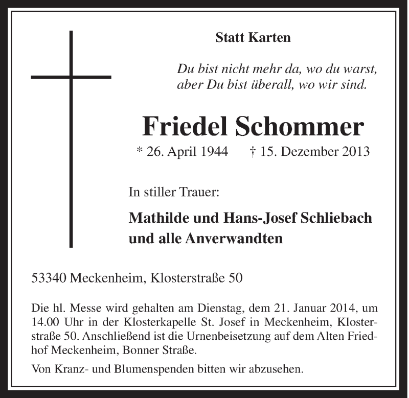  Traueranzeige für Friedel Schommer vom 15.01.2014 aus  Schaufenster/Blickpunkt 