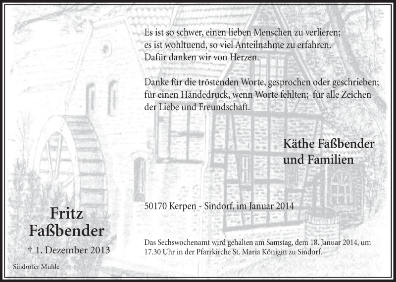  Traueranzeige für Fritz Faßbender vom 11.01.2014 aus  Sonntags-Post 