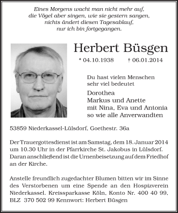 Anzeige von Herbert Büsgen von  Extra Blatt 