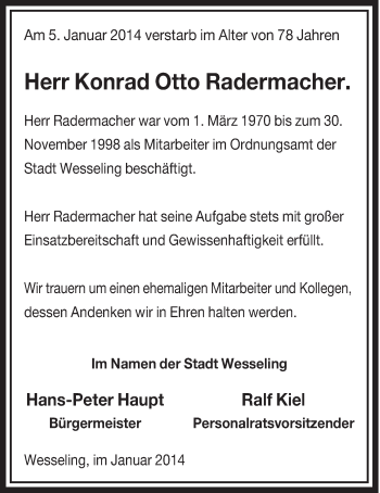 Anzeige von Konrad Otto Radermacher von  Schlossbote/Werbekurier 