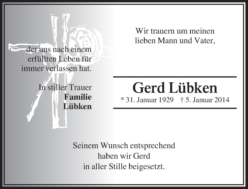  Traueranzeige für Gerd Lübken vom 11.01.2014 aus  Bergisches Sonntagsblatt 