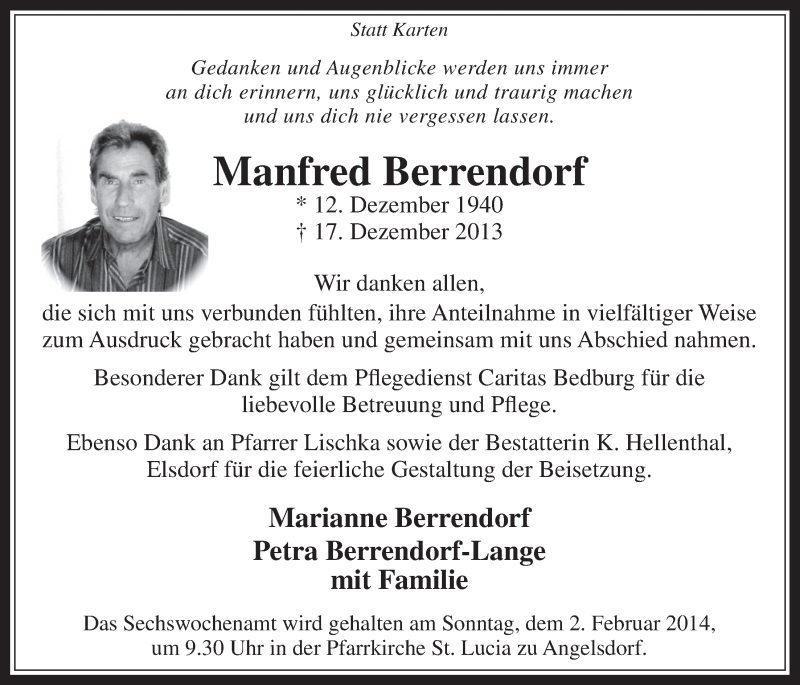  Traueranzeige für Manfred Berrendorf vom 29.01.2014 aus  Werbepost 