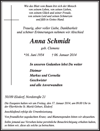 Anzeige von Anna Schmidt von  Sonntags-Post 