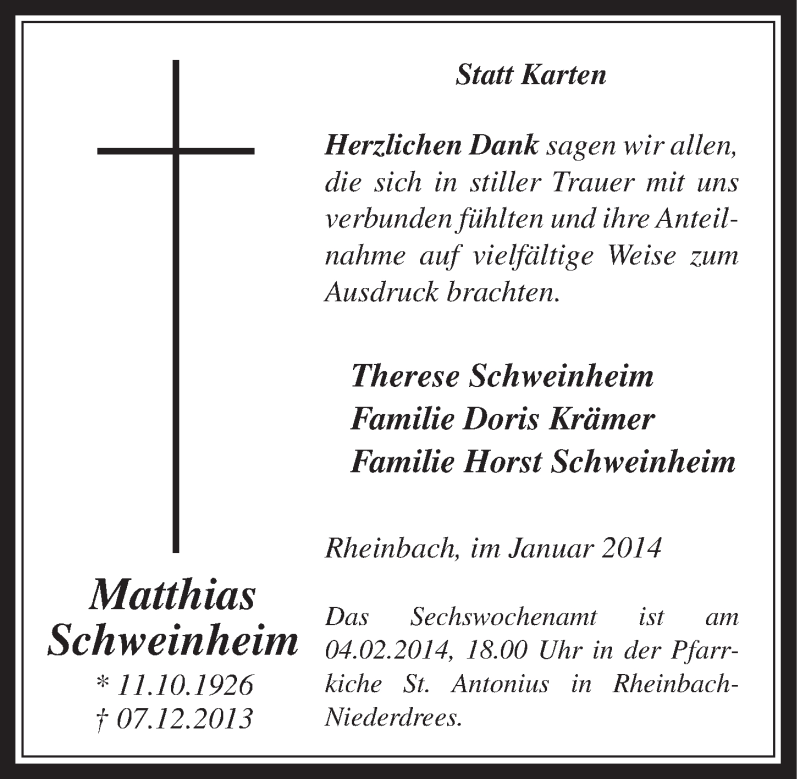  Traueranzeige für Matthias Schweinheim vom 22.01.2014 aus  Schaufenster/Blickpunkt 