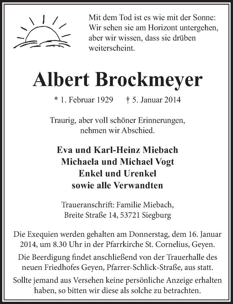  Traueranzeige für Albert Brockmeyer vom 11.01.2014 aus  Sonntags-Post 