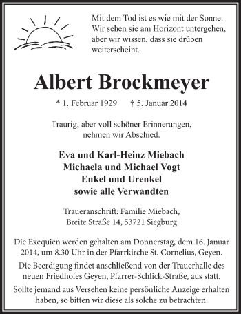Anzeige von Albert Brockmeyer von  Sonntags-Post 