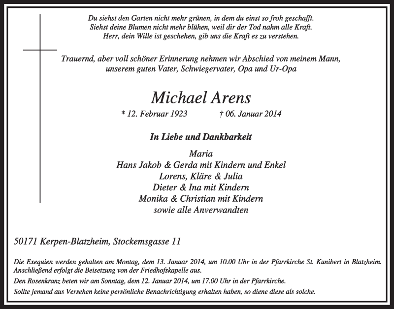 Traueranzeige für Michael Arens vom 11.01.2014 aus  Sonntags-Post 