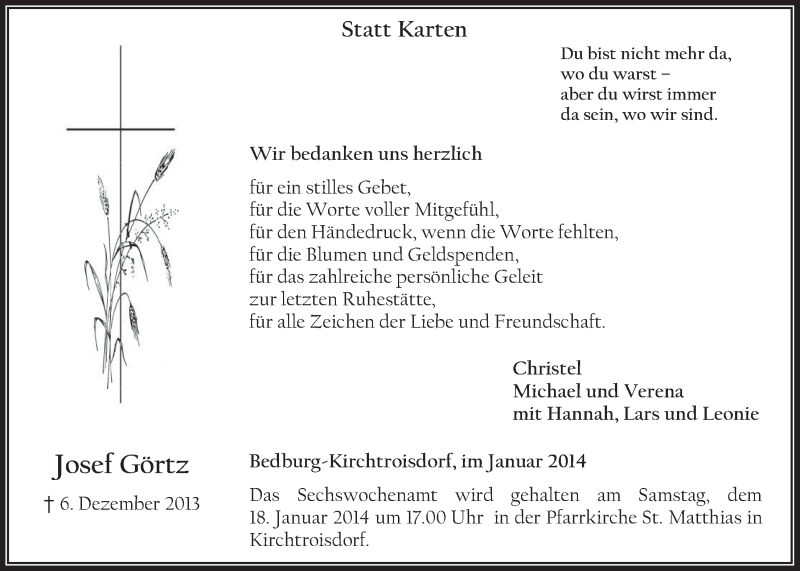  Traueranzeige für Josef Görtz vom 15.01.2014 aus  Werbepost 