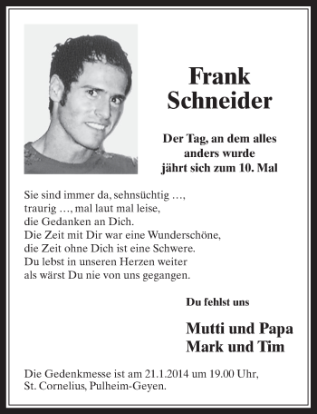 Anzeige von Frank Schneider von  Wochenende 