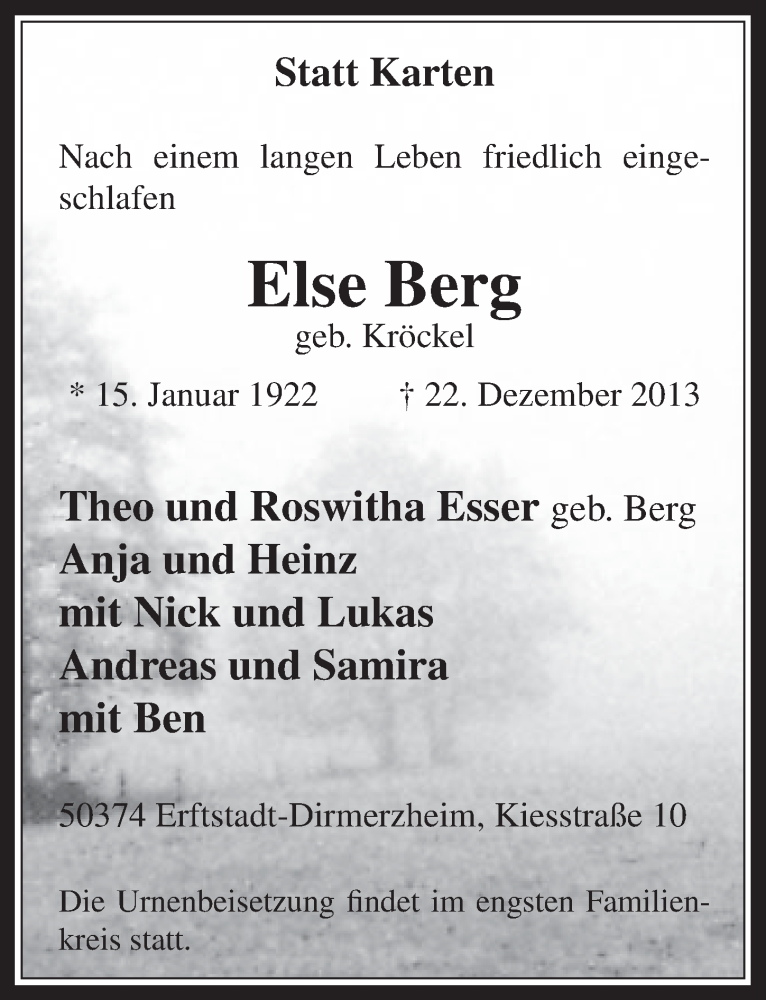  Traueranzeige für Else Berg vom 15.01.2014 aus  Werbepost 