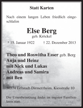 Anzeige von Else Berg von  Werbepost 