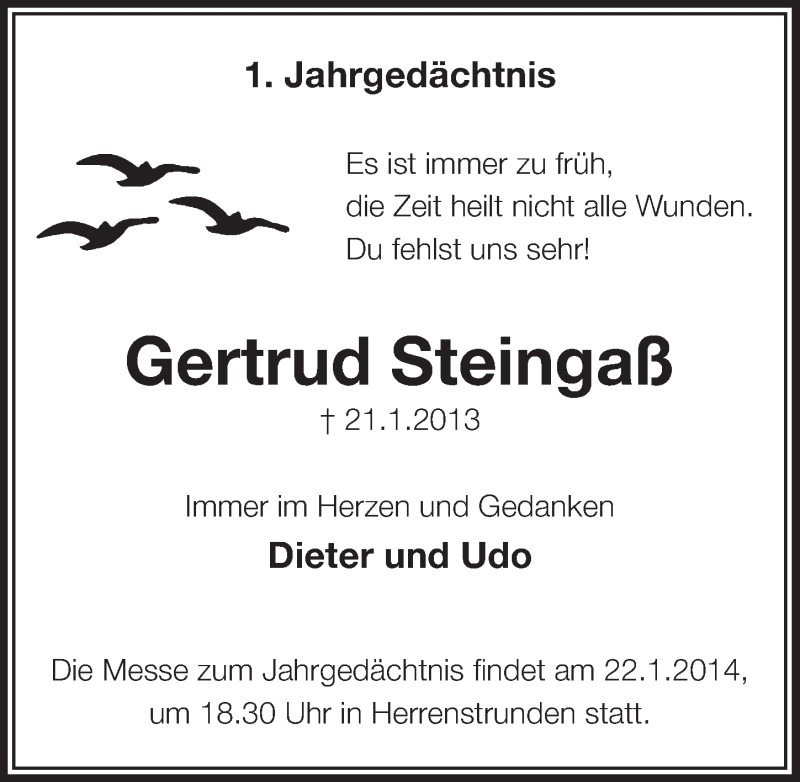  Traueranzeige für Gertrud Steingaß vom 15.01.2014 aus  Bergisches Handelsblatt 