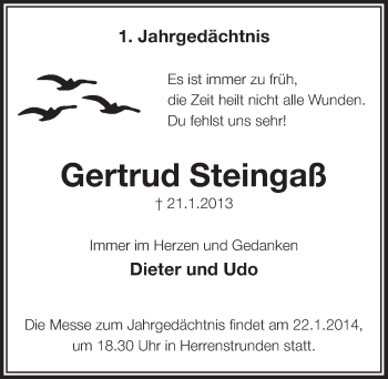 Anzeige von Gertrud Steingaß von  Bergisches Handelsblatt 