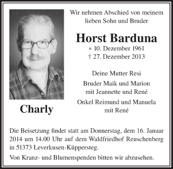 Anzeige von Horst Barduna von  Leverkusener Wochenende 