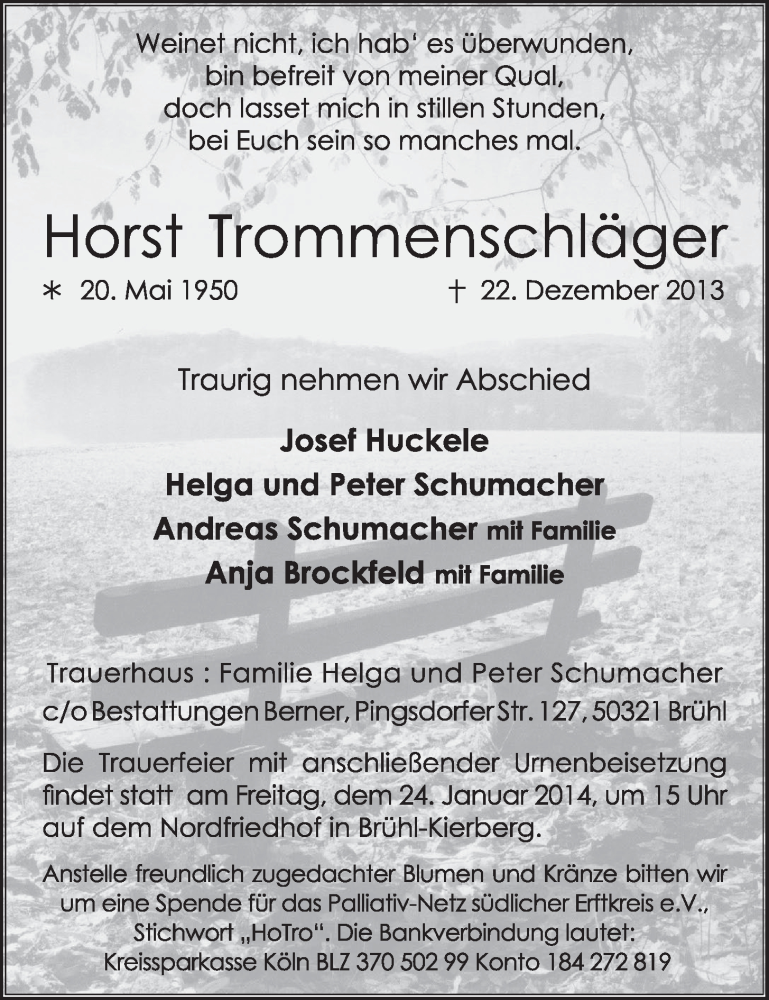  Traueranzeige für Horst Trommenschläger vom 15.01.2014 aus  Schlossbote/Werbekurier 