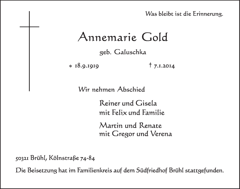  Traueranzeige für Annemarie Gold vom 15.01.2014 aus  Schlossbote/Werbekurier 