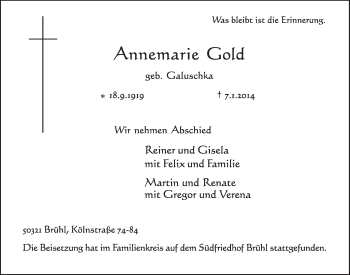 Anzeige von Annemarie Gold von  Schlossbote/Werbekurier 