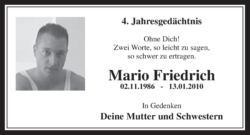  Traueranzeige für Mario Friedrich vom 11.01.2014 aus  Sonntags-Post 