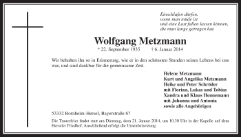 Anzeige von Wolfgang Metzmann von  Schaufenster/Blickpunkt 