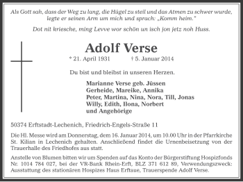 Anzeige von Adolf Verse von  Sonntags-Post 