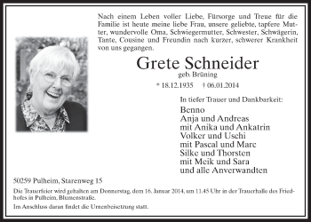 Anzeige von Grete Schneider von  Sonntags-Post 