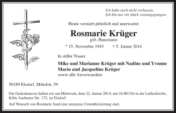 Anzeige von Rosmarie Krüger von  Werbepost 