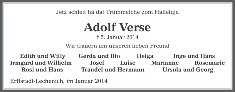  Traueranzeige für Adolf Verse vom 11.01.2014 aus  Sonntags-Post 