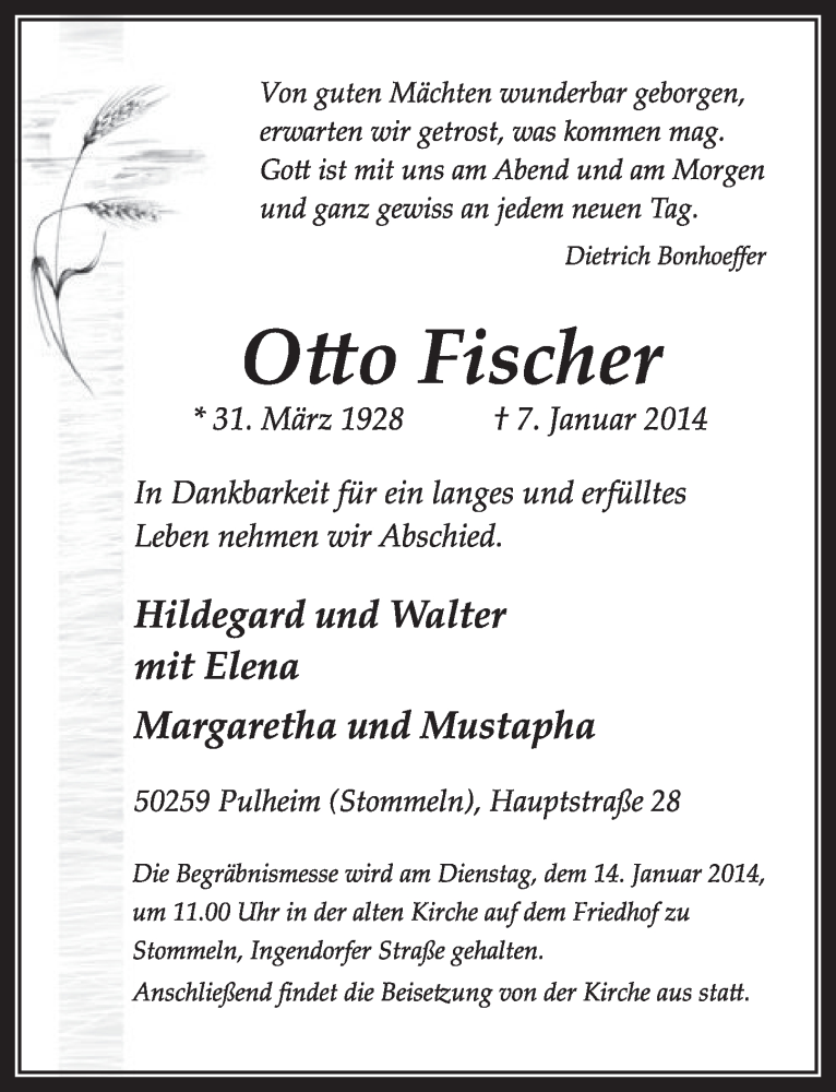  Traueranzeige für Otto Fischer vom 11.01.2014 aus  Sonntags-Post 