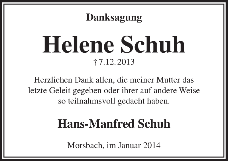  Traueranzeige für Helene Schuh vom 15.01.2014 aus  Lokalanzeiger 