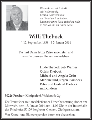 Anzeige von Willi Thebock von  Sonntags-Post 
