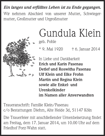 Anzeige von Gundula Klein von  Kölner Wochenspiegel 