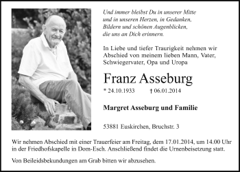 Anzeige von Franz Asseburg von  Blickpunkt Euskirchen 