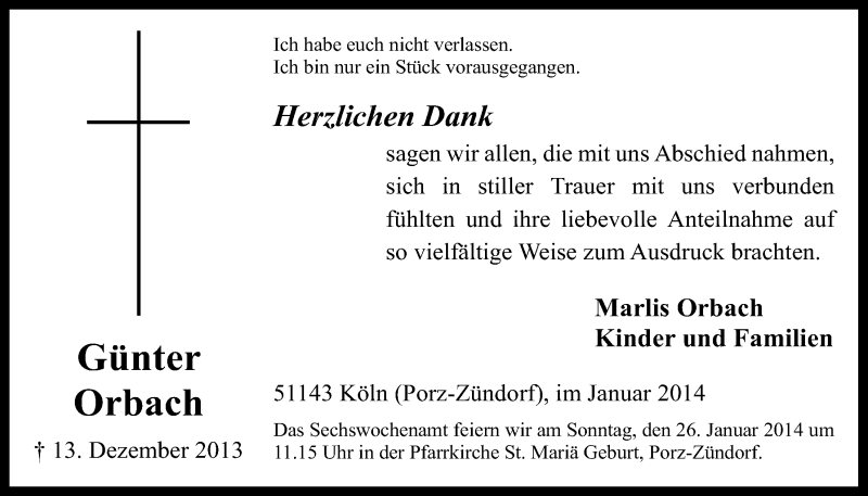  Traueranzeige für Günter Orbach vom 15.01.2014 aus  Kölner Wochenspiegel 