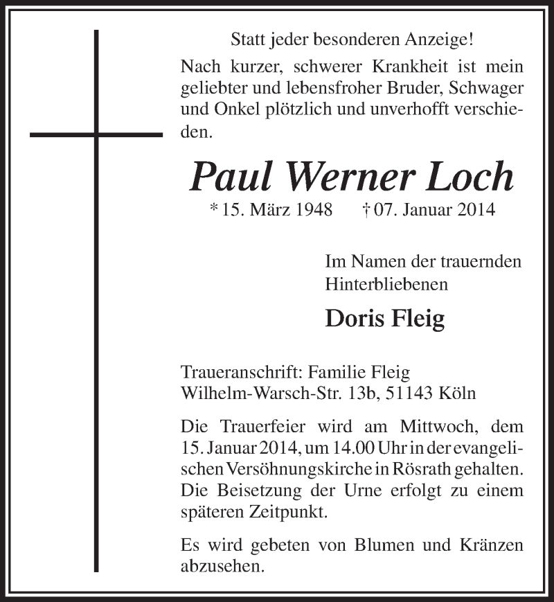  Traueranzeige für Paul Werner Loch vom 11.01.2014 aus  Bergisches Sonntagsblatt 