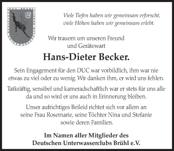 Anzeige von Hans-Dieter Becker von  Schlossbote/Werbekurier 