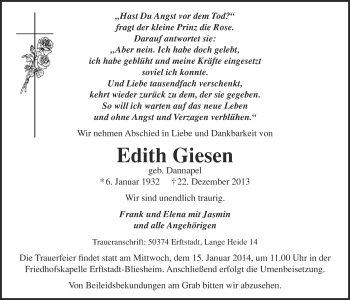 Anzeige von Edith Giesen von  Sonntags-Post 