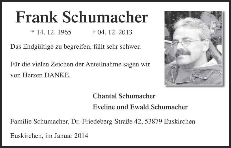  Traueranzeige für Frank Schumacher vom 12.01.2014 aus  Blickpunkt Euskirchen 