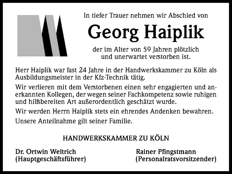  Traueranzeige für Georg Haiplik vom 11.07.2015 aus Kölner Stadt-Anzeiger / Kölnische Rundschau / Express