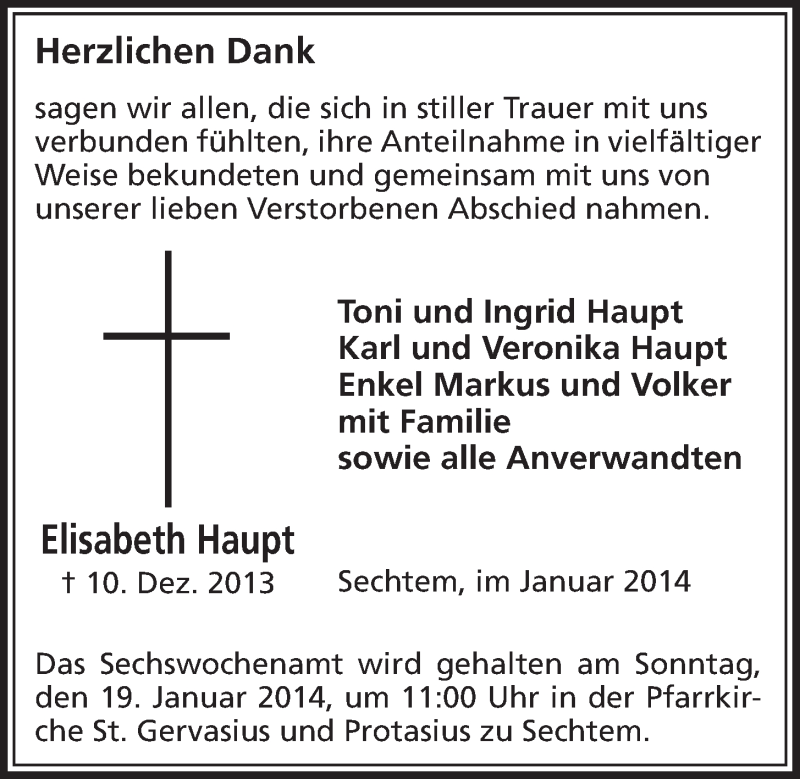  Traueranzeige für Elisabeth Haupt vom 15.01.2014 aus  Schlossbote/Werbekurier 