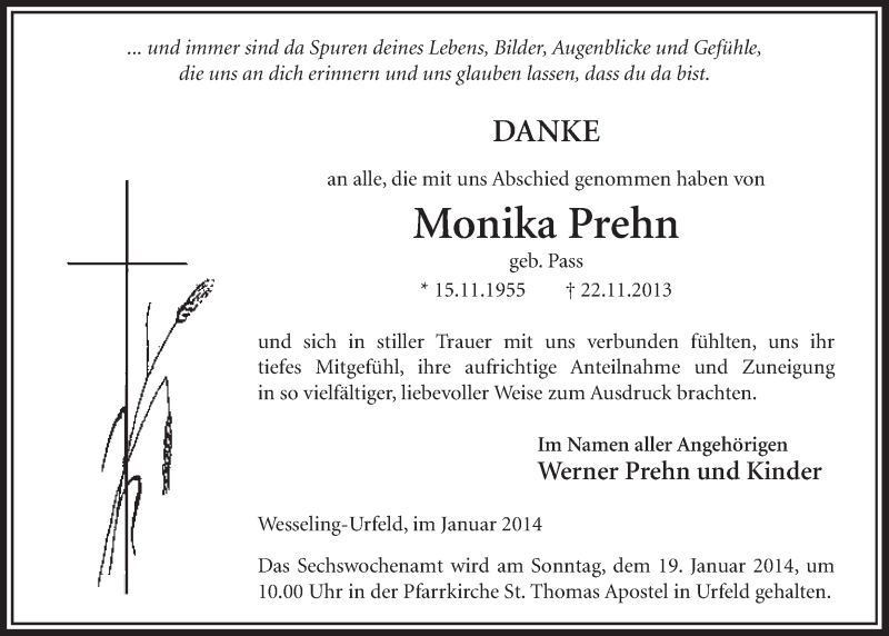  Traueranzeige für Monika Prehn vom 15.01.2014 aus  Schlossbote/Werbekurier 